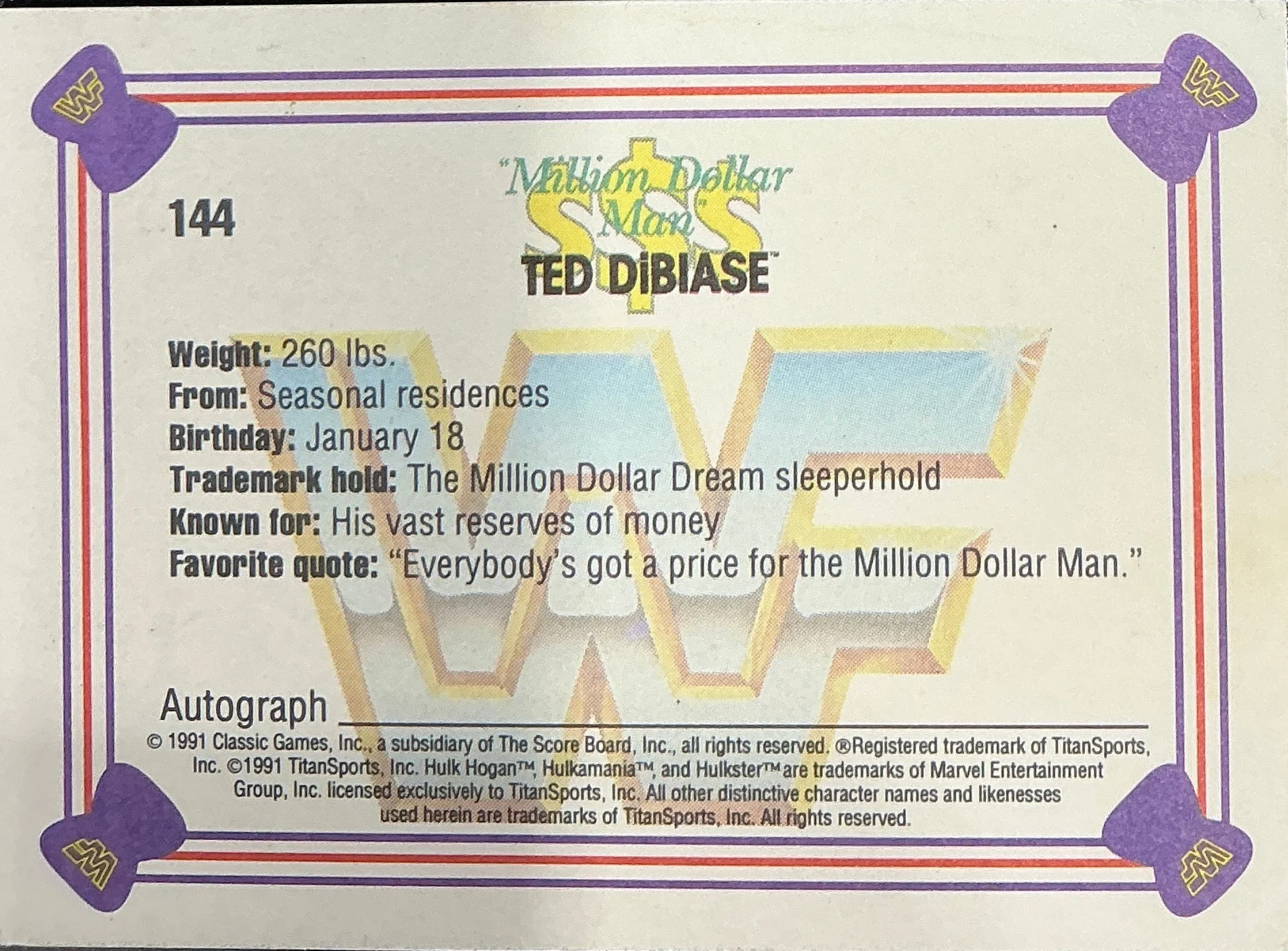 Consignment SR - Signed Million Dollar Man Ted DiBiase #144 Classic WWF Trading Card - Image 2