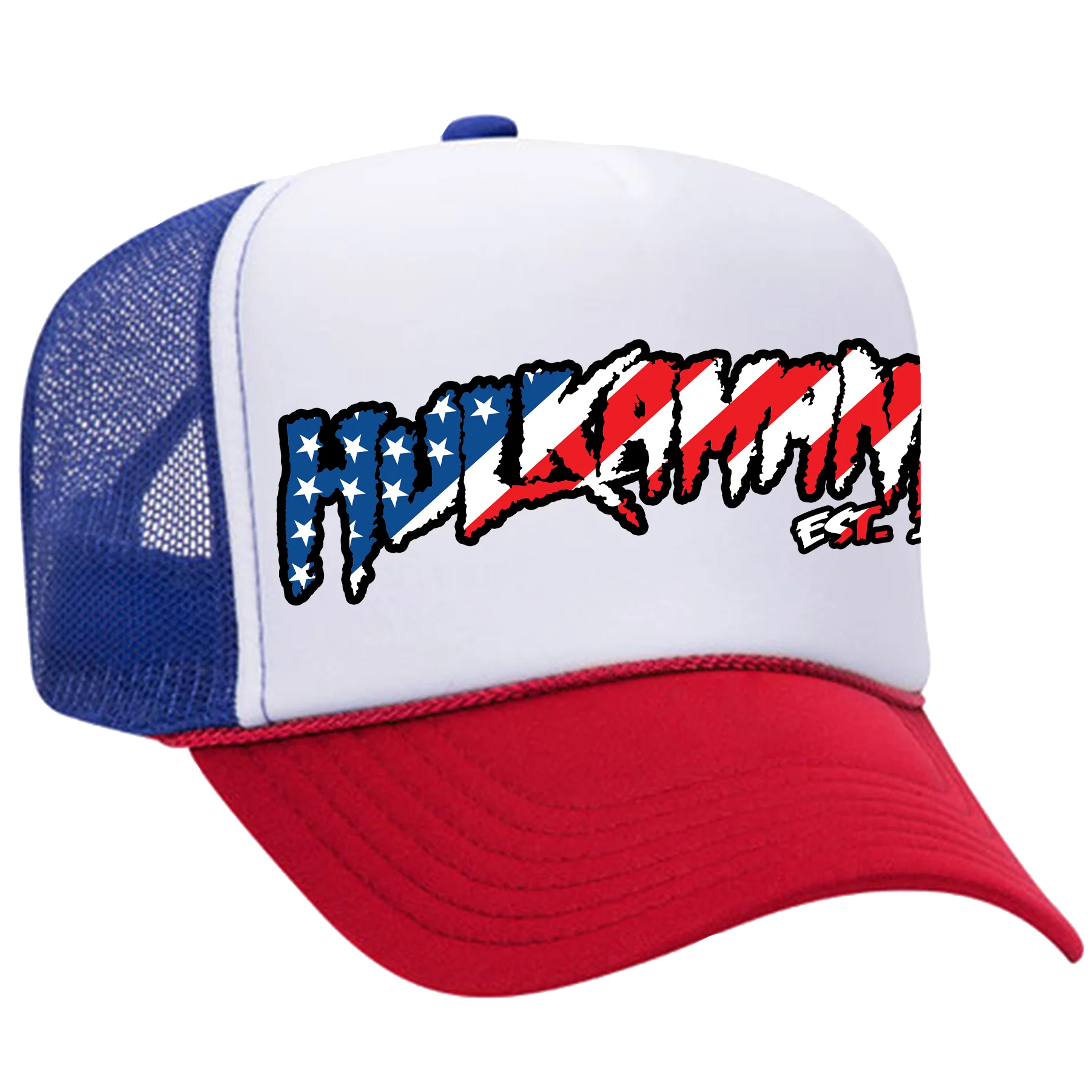 Red/White/Blue Hulkamania American Flag Letters Trucker Hat - Image 2